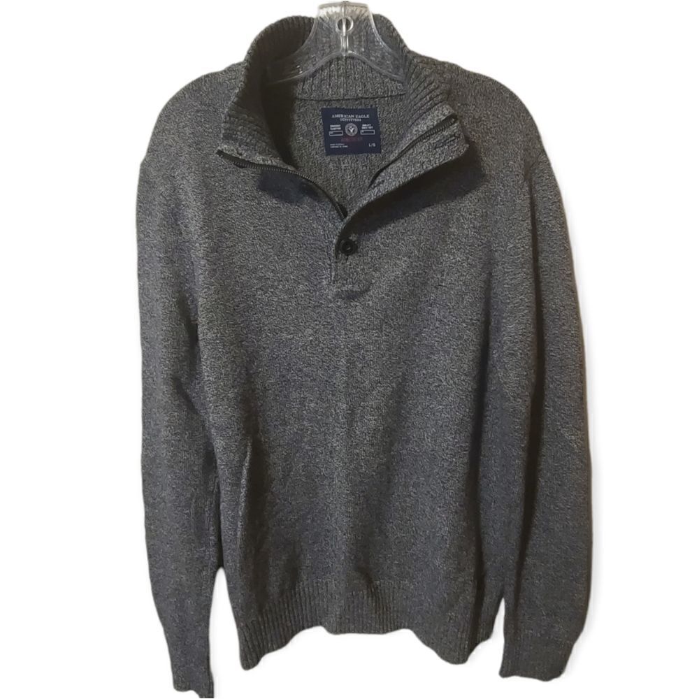AE Mock Neck Cotton Sweater Navy Grey Large